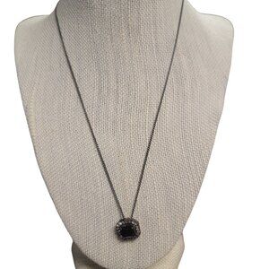 Antique NY Sterling Silver Pendant Necklace Black Faceted Stone Rhinestone Halo